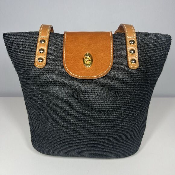 Eric Javits New York Small Navy Squishee Straw Handbag w/tan Leather Trim EUC - Picture 1 of 8